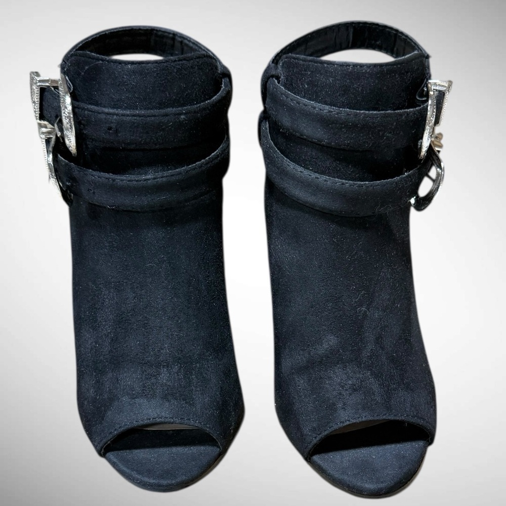 Black Faux Suede Peep Toe Block Heel Boots with buckle detailing Size 6 - Picture 12 of 15